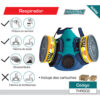 Respirador media mascara con 2 filtros. Proteccion grado 1. Multiples gases organicos e inorganicos, dioxido de sulfuro y otros gases acidicos - Image 2